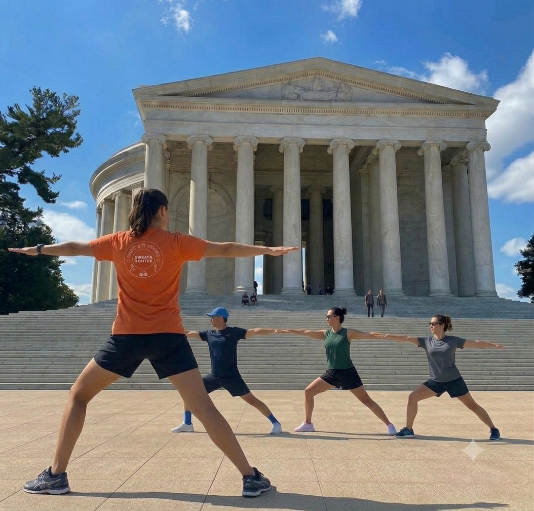 Holding warrior pose in front of the Jefferson Memorial on the Tidal Basin Wellness Walk