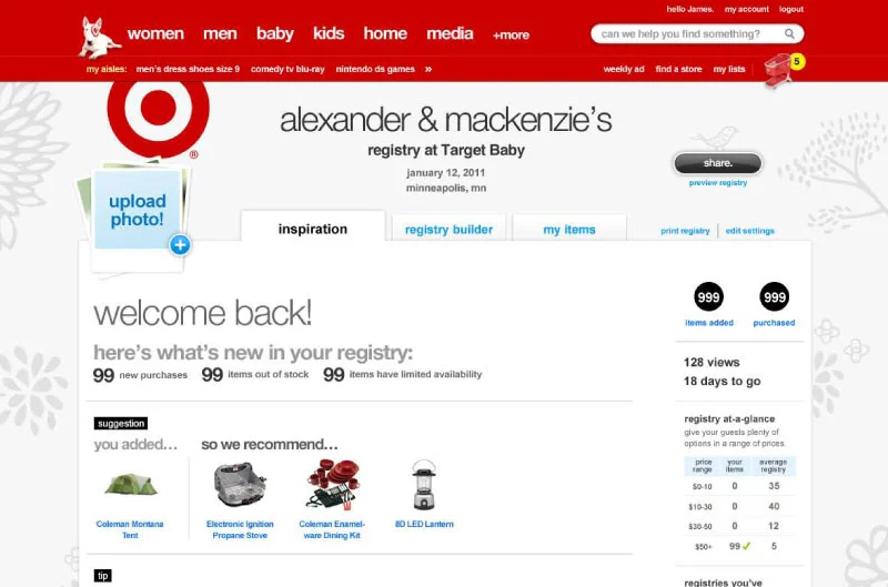  Wedding Registry Landing page: Logged-in state 