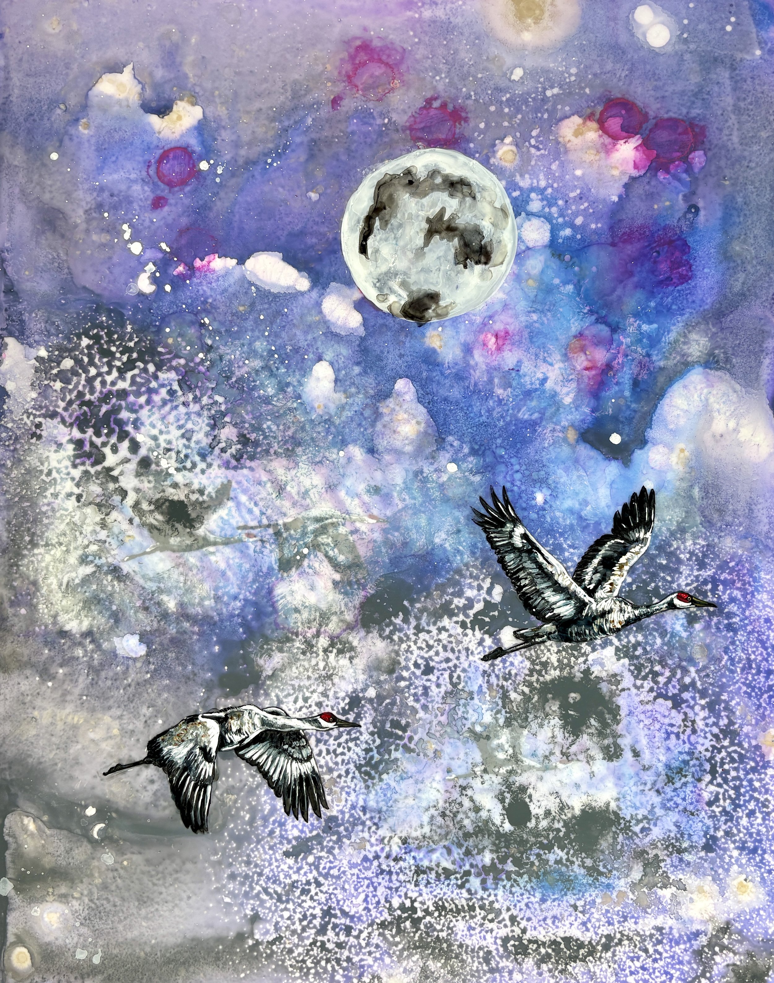 "Sandhill Cranes under a Full Moon"