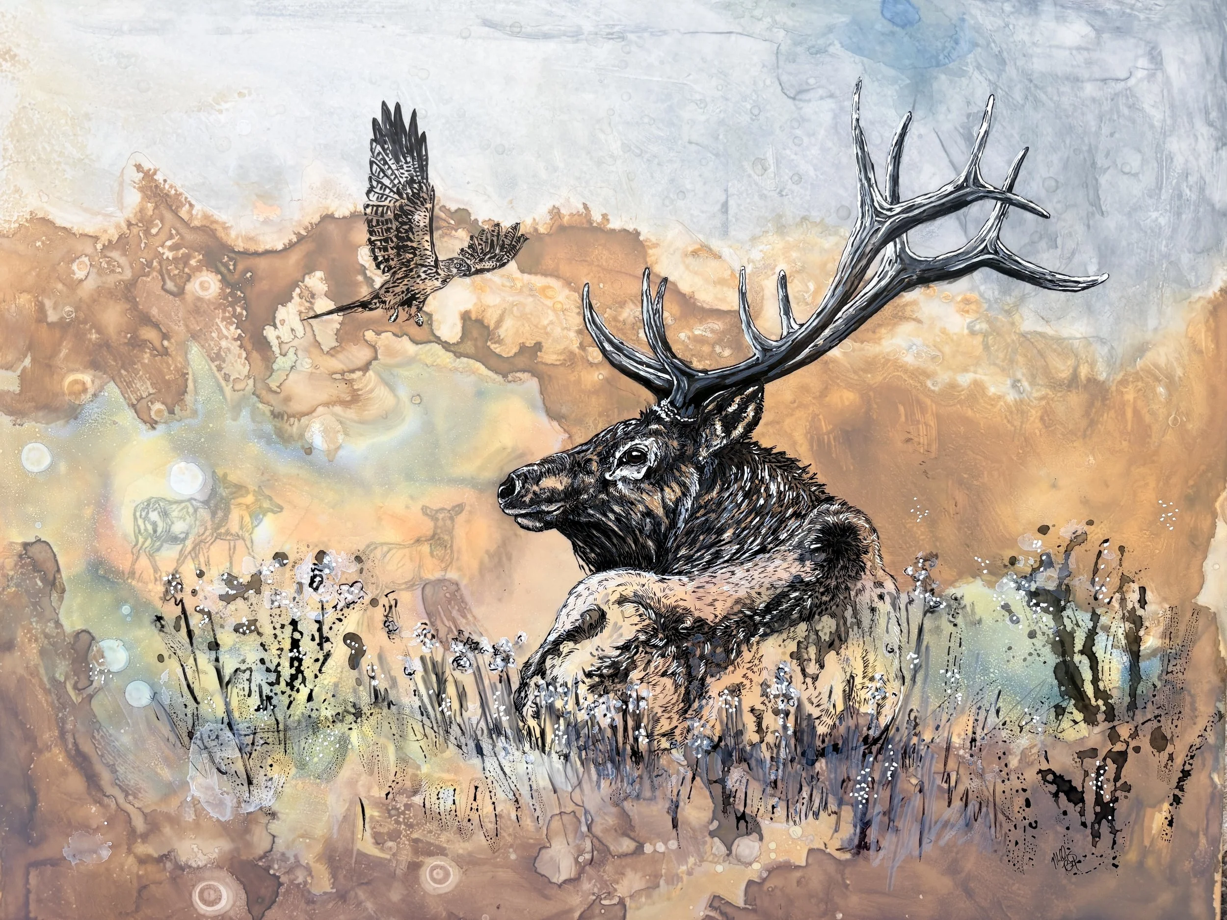"Rocky Mountain Rest," Original Mixed Media Drawing