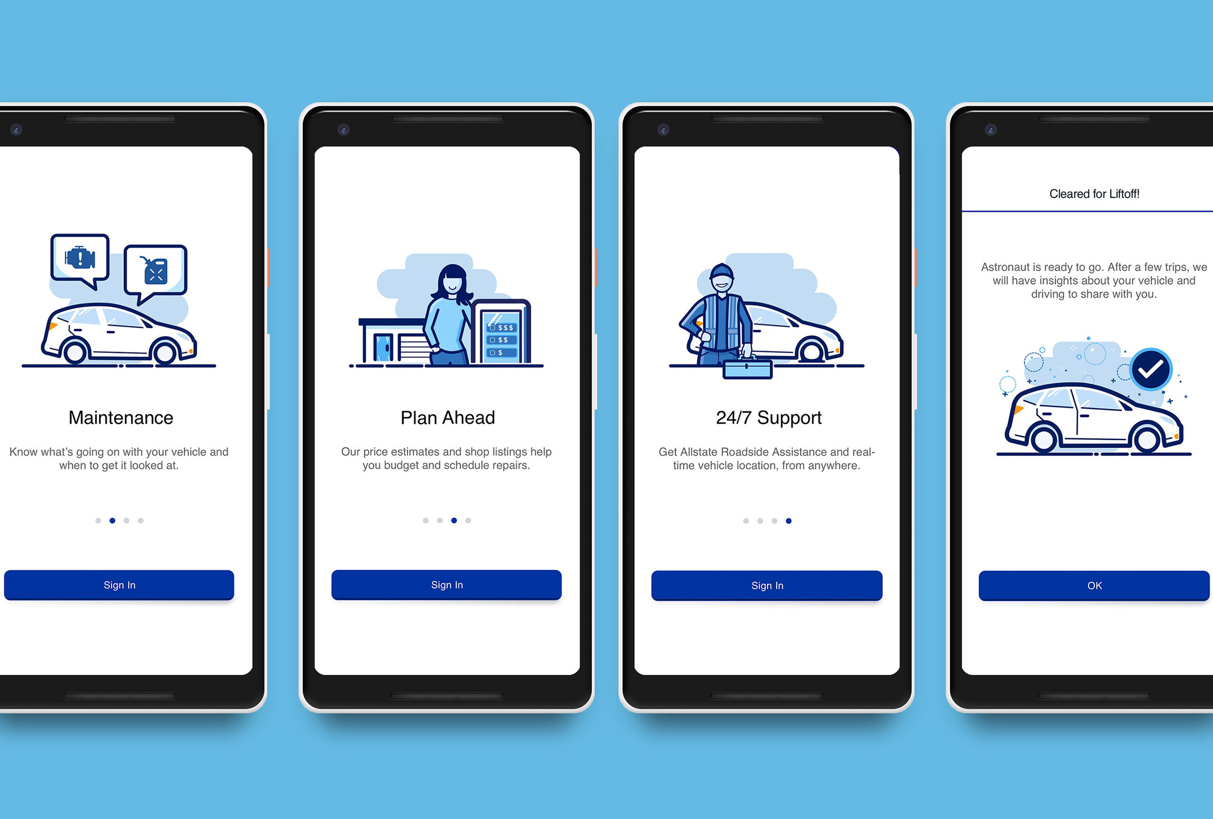 A series of on-boarding illustrations for an app concept