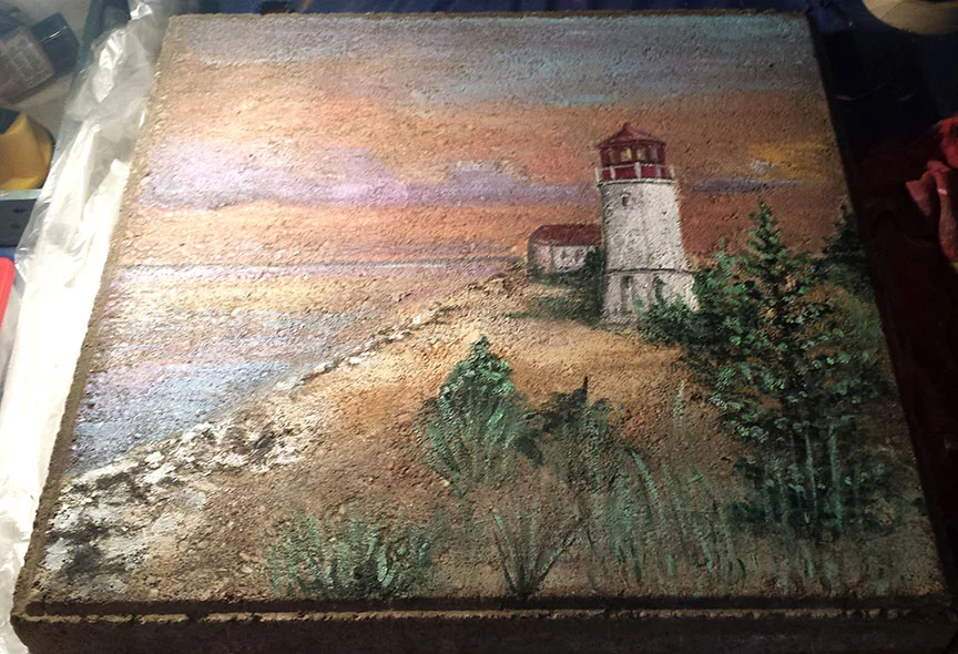  Lighthouse - Acrylic on Patio Block; Clear-coated for outdoor display. 