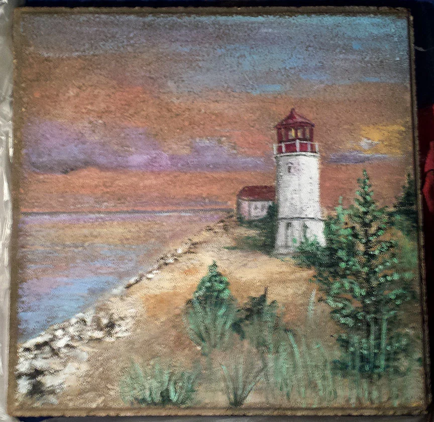  Lighthouse - Acrylic on Patio Block; Clear-coated for outdoor display. 