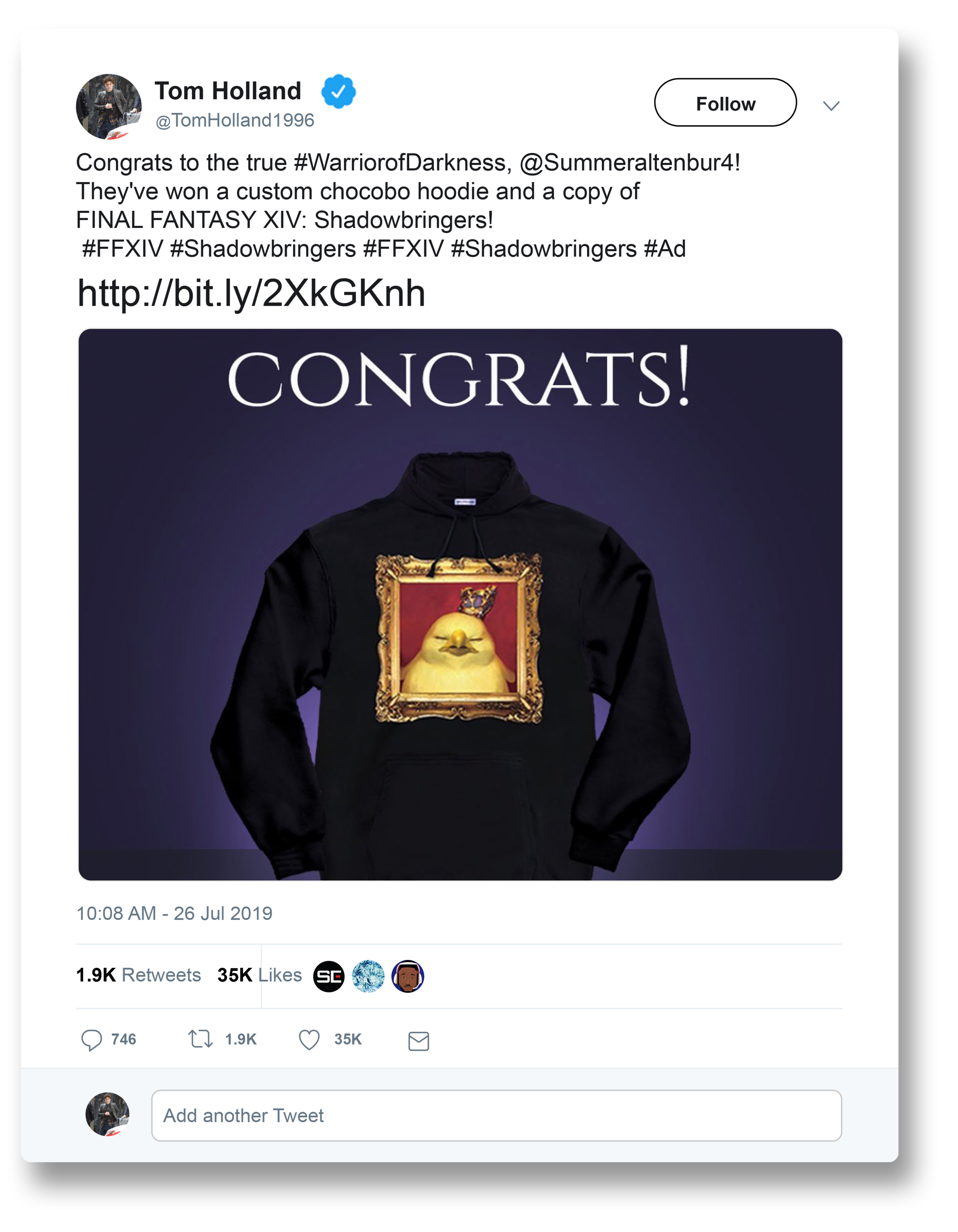 Fans went nuts for Tom's Chocobo hoodie, so we gave it away on Twitter