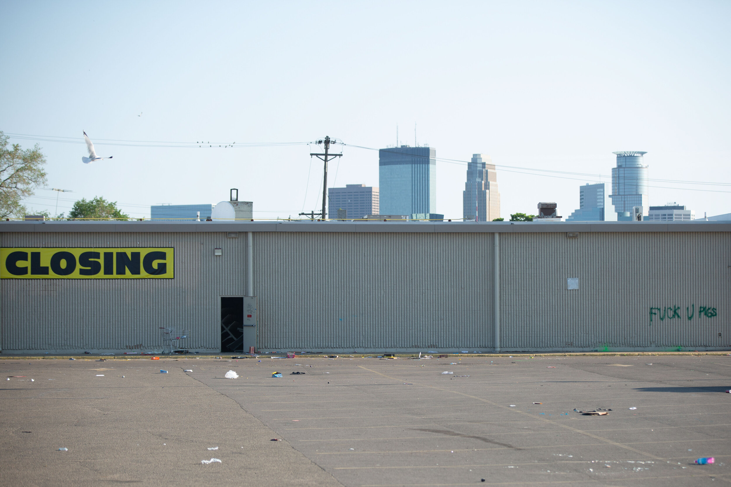  The Minneapolis skyline sits behind a Kmart location that was looted from the night before after riots broke out over the police killing of Geroge Floyd in Minneapolis, Minnesota on May 30, 2020. Chris Juhn/Zuma. 