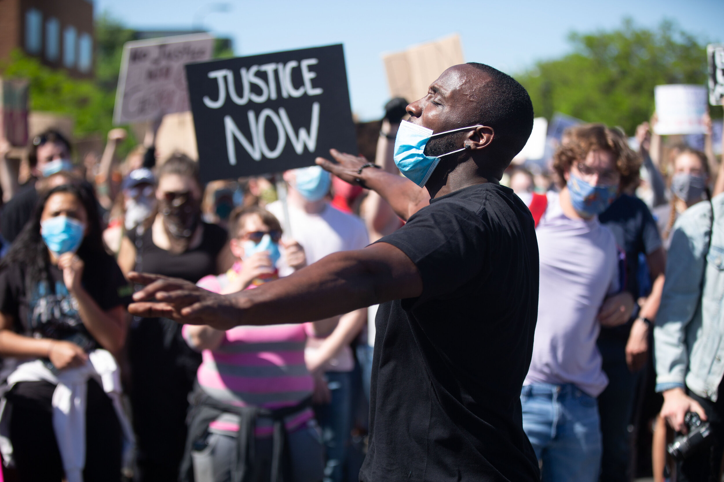  Chaz Moore from Canton, Ohio talks to a crowd of protesters that came out to protest the police killing of George Floyd in Minneapolis, Minnesota on May 30, 2020. Chris Juhn/Zuma. 