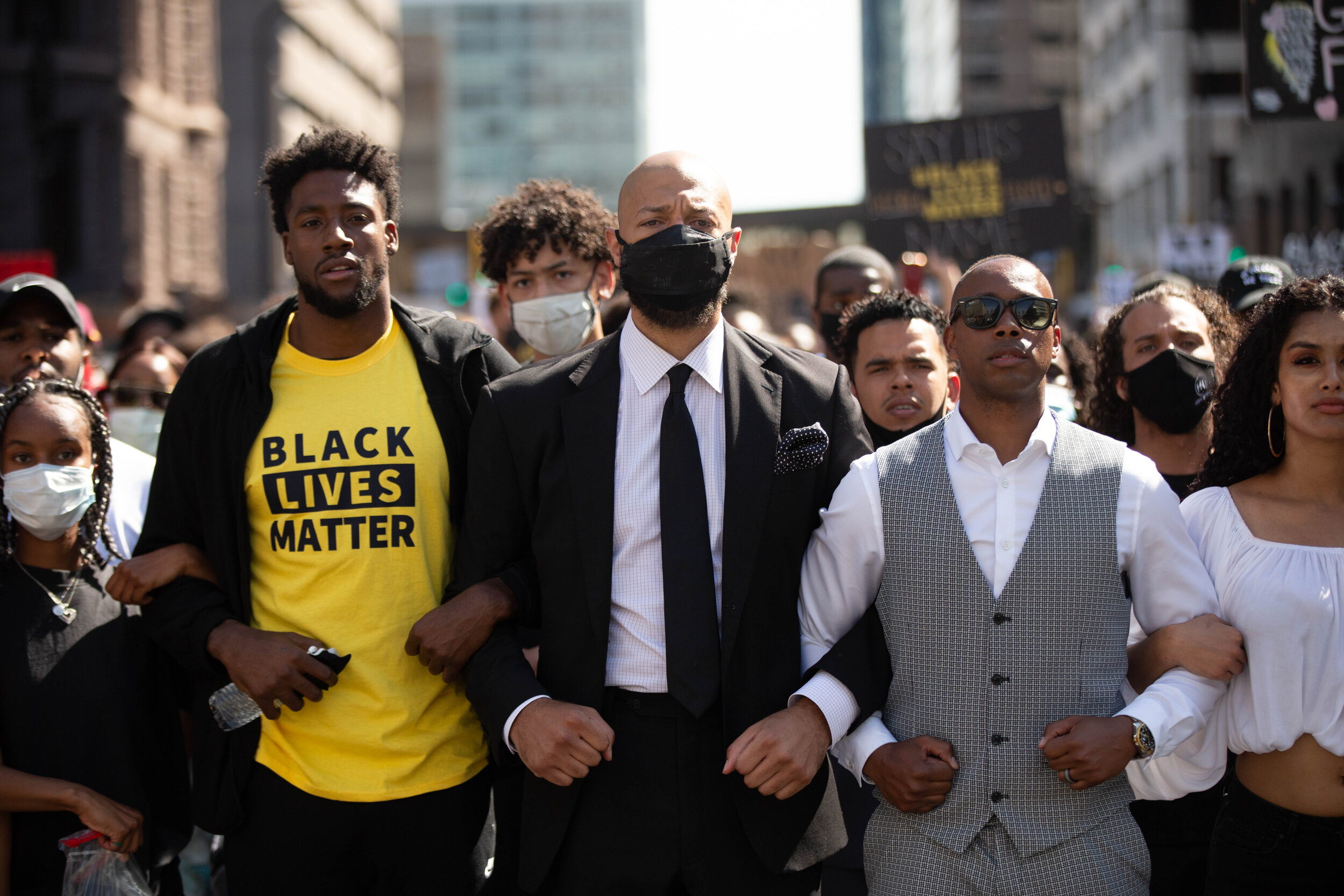  Athletes took the front of the line as they marched down 3rd Ave S in Minneapolis during a protest over the police killing of George Floyd on May 31. 