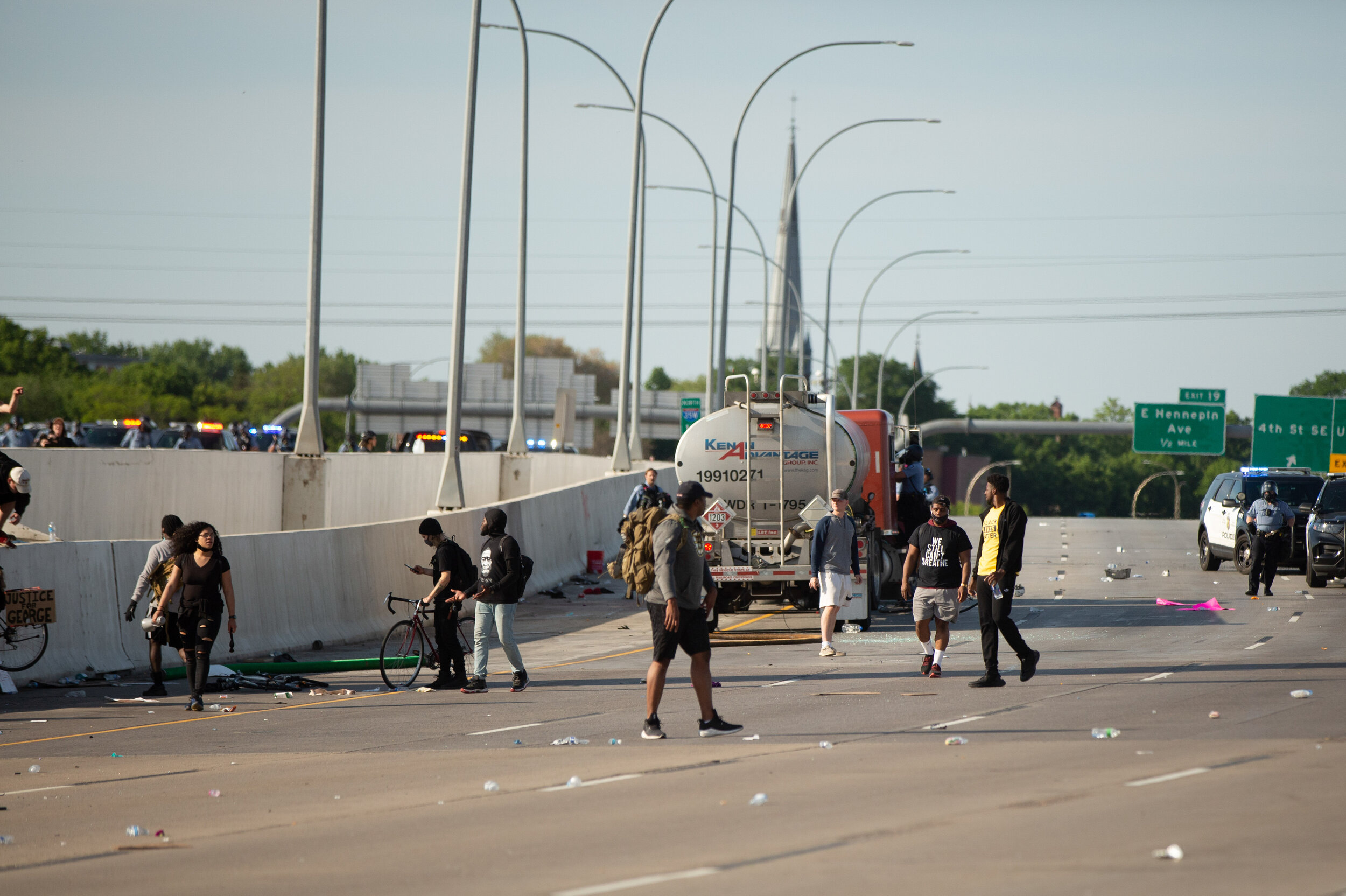  A semi-haulng fuel sits without a driver after its driver Bogdan Vechirko drove through a crowd of protesers on interstate 35W in Minneapolis, Minnesota on May 31, 2020. Chris Juhn/Zenger. 