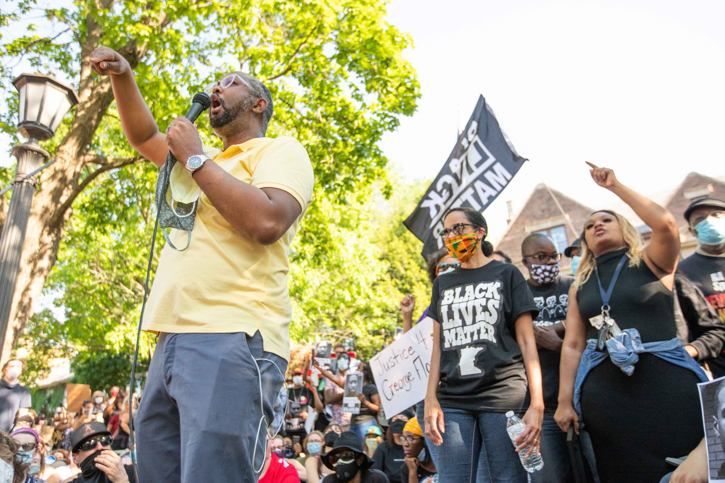  Jaylani Hussein, the Executive Director of CAIR, MN speaks to a crowd of protesters in front of the Governors Mansion in Saint Paul, Minnesota about the police killing of George Floyd on June 1, 2020. Chris Juhn/Zenger 