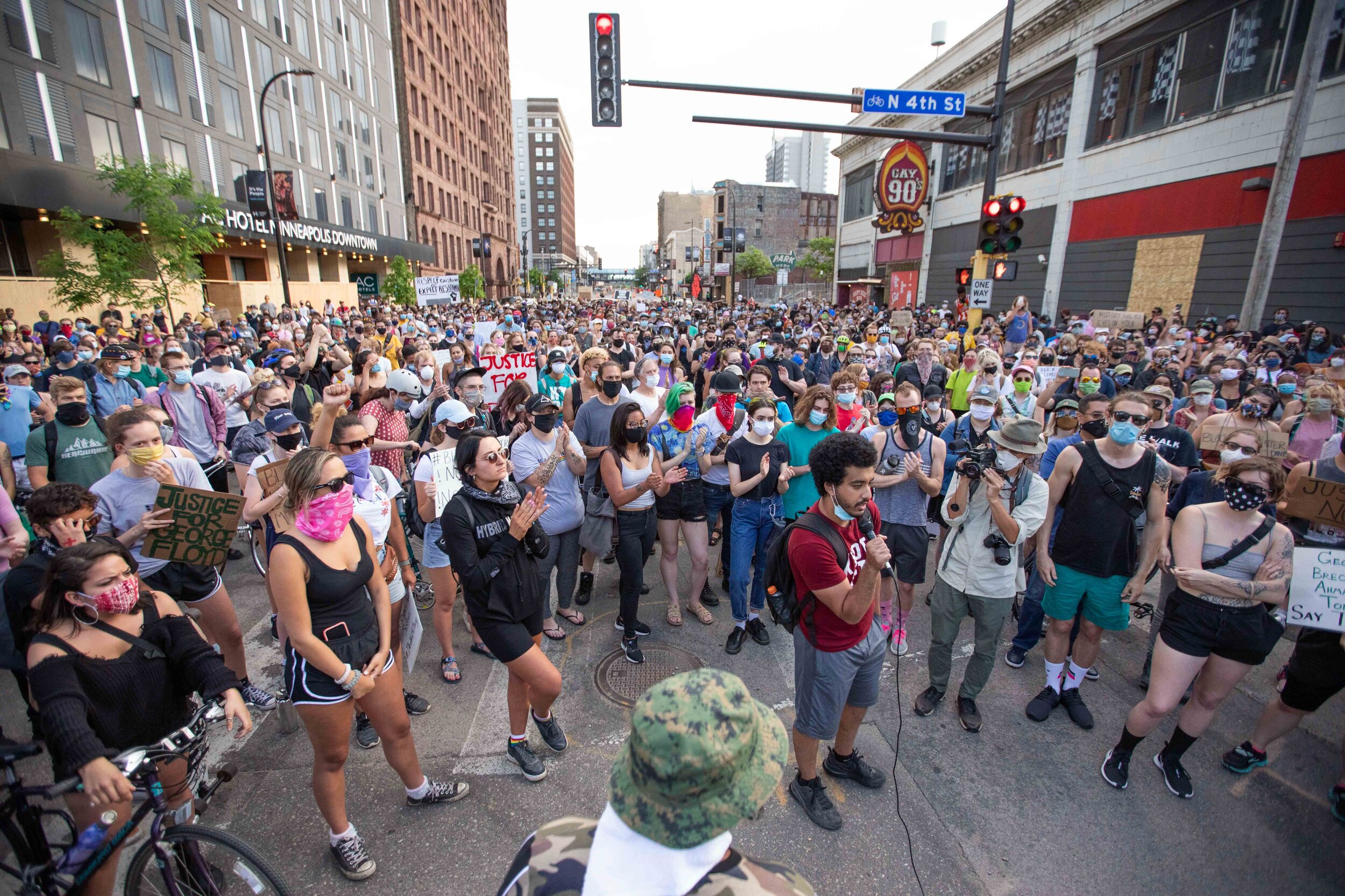  Protesters gather at the corner of N 4th St and and Hennepin Ave as they demand Liz Collin be fired from WCCO as a news anchor in Minneapolis, Minnesota on Jun 3, 2020. 