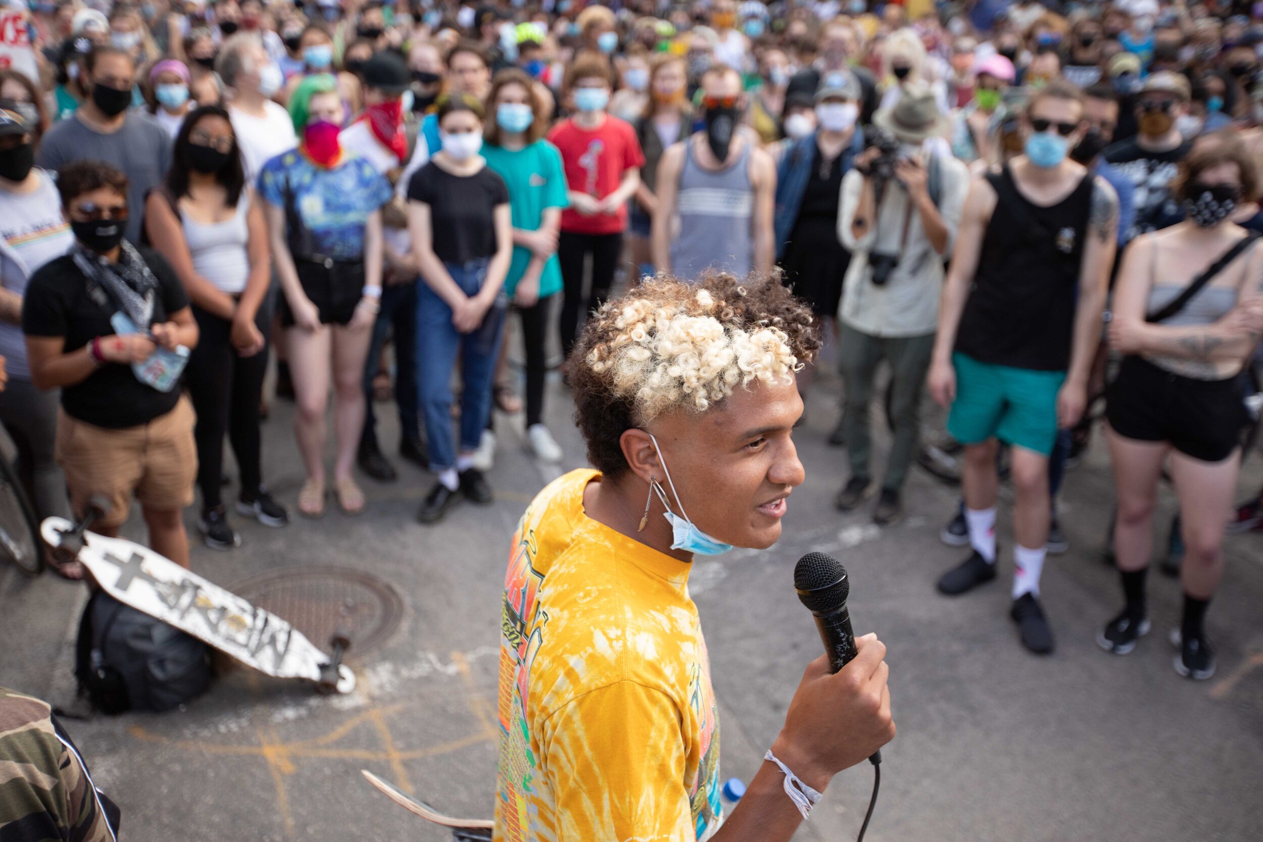  A man speaks as protesters gathered at the corner of N 4th St and and Hennepin Ave as they demand Liz Collin be fired from WCCO as a news anchor in Minneapolis, Minnesota on Jun 3, 2020. 