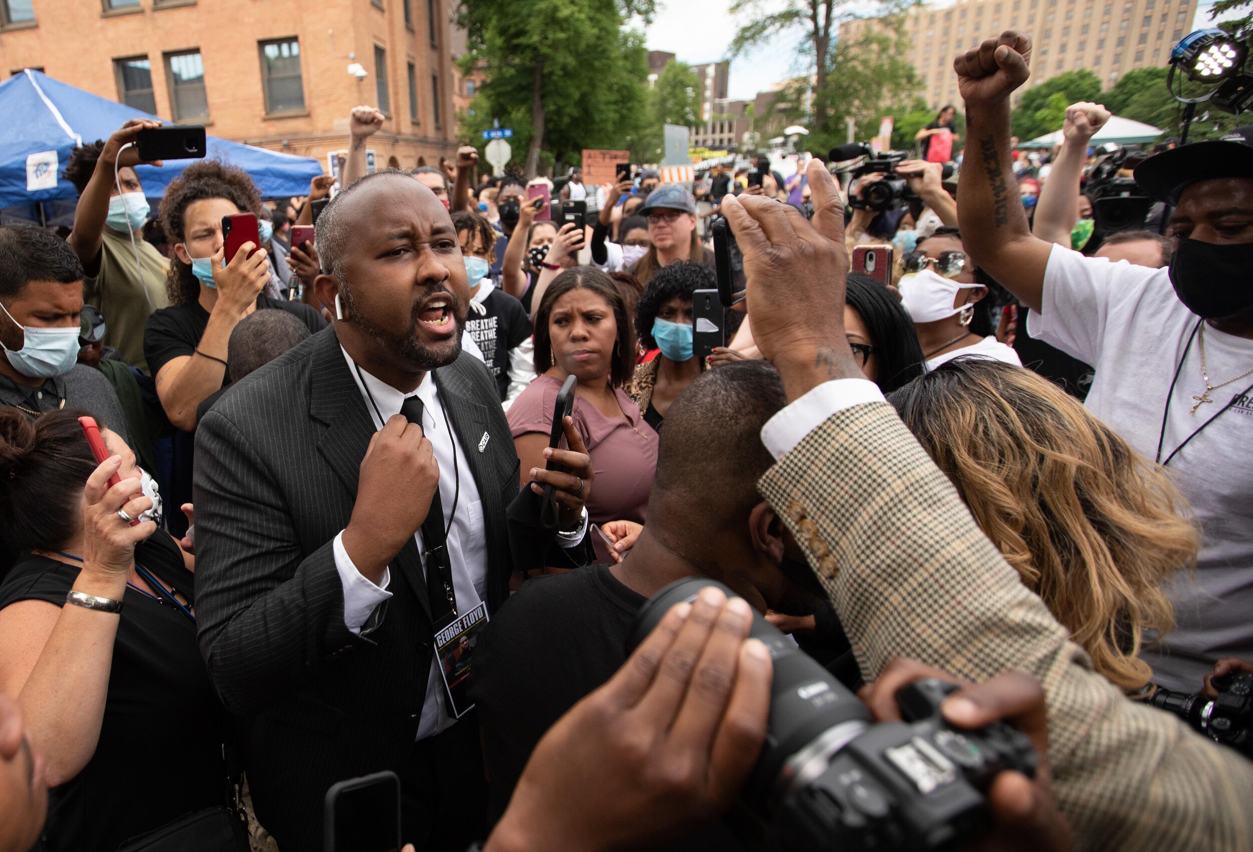  Jaylani Hussein, the currently executive director of the Minnesota chapter of the Council on American-Islamic Relations (CAIR-MN) speaks to the crowd outside of North Central University in Minneapolis, Minnesota after the memorail for George Floyd w