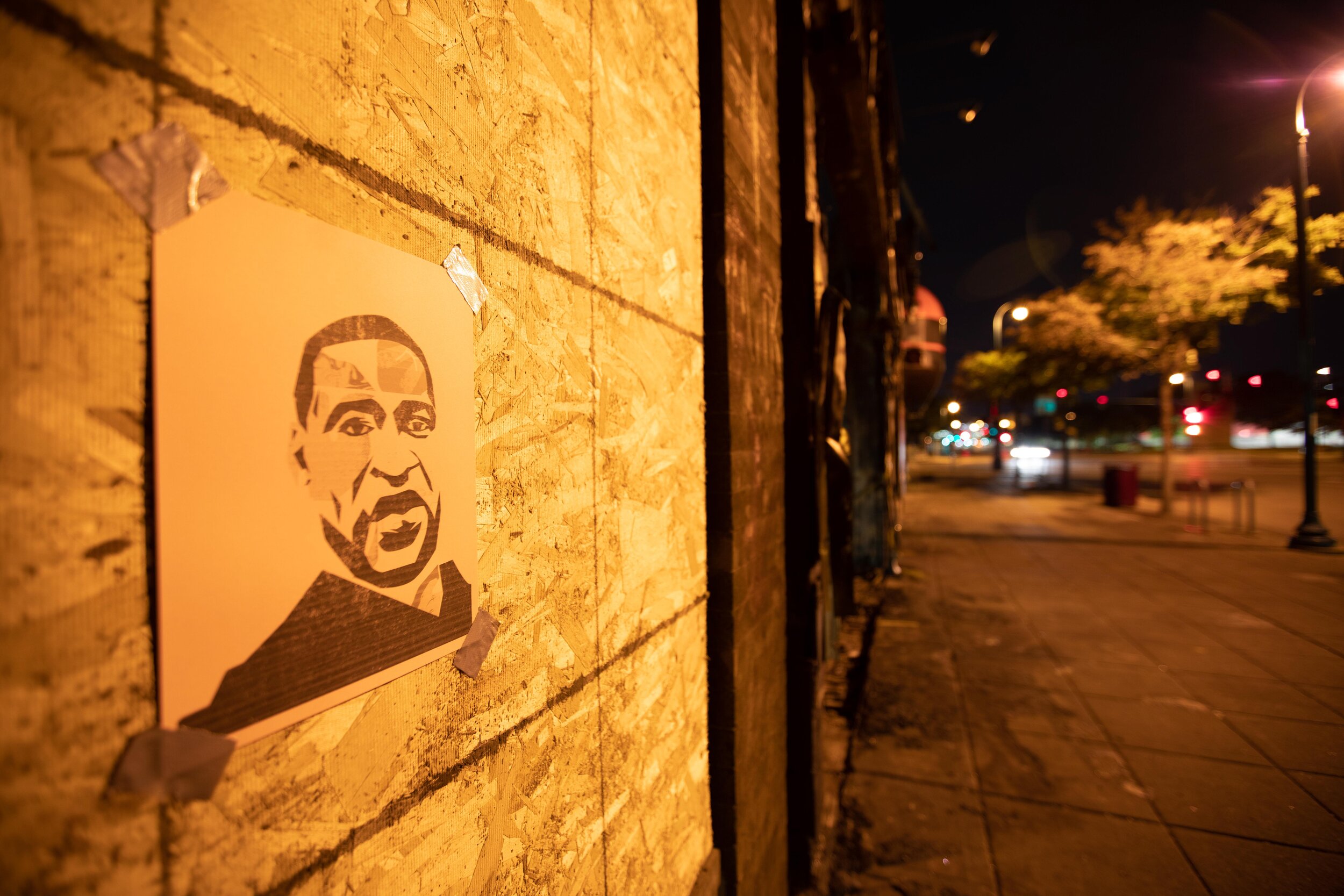  A photo of George Floyd taped on the boards of a building near where riots broke out over the police killing of George Floyd by former Minneapolis Officer Derek Chauvin on Jun 8, 2020. 