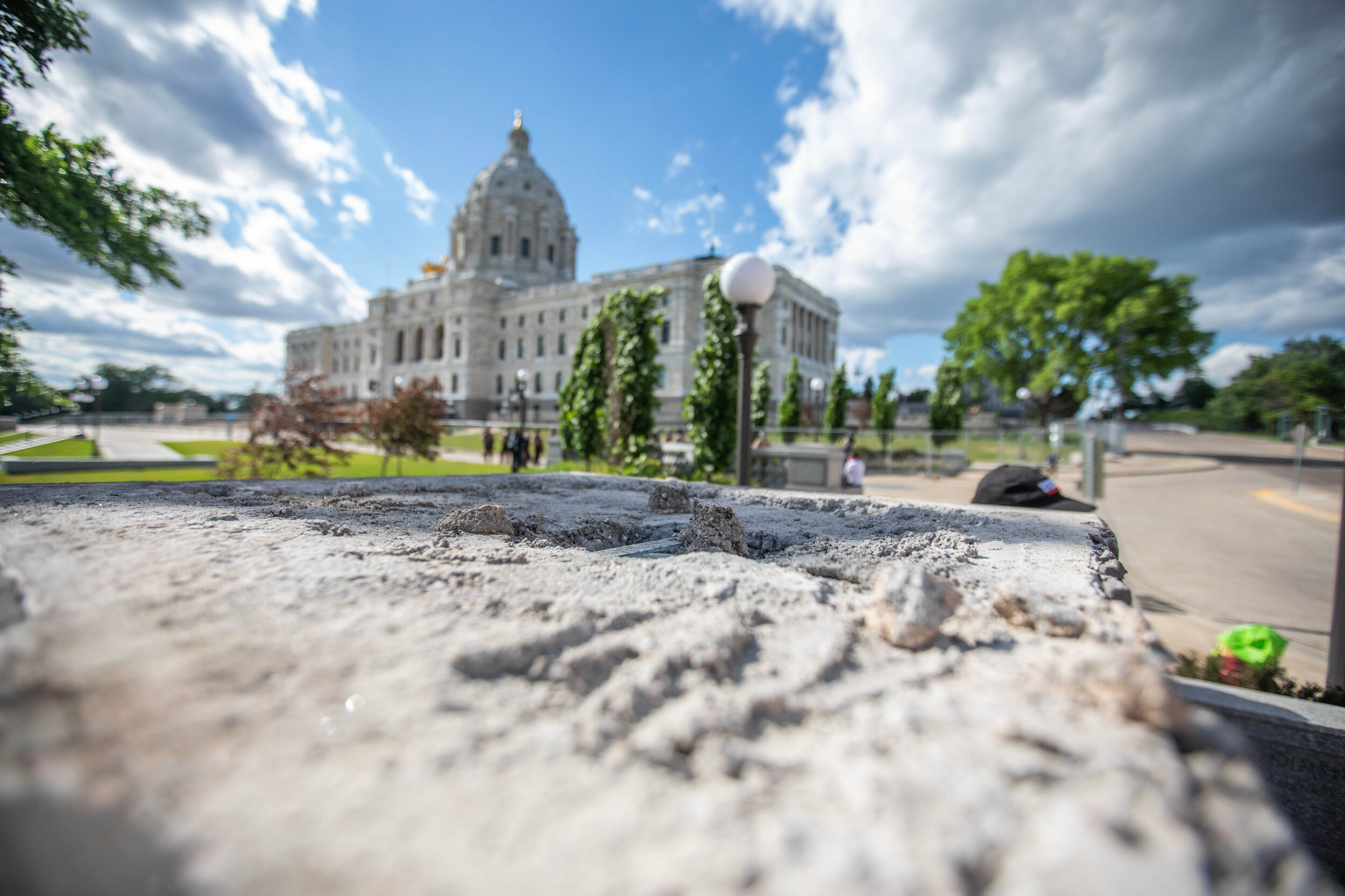  Broken apart, the pedestal where the Christopher Columbus statue once stood sits empty on the grounds of the State Capitol in Saint Paul, Minnesota on Jun 10, 2020. 