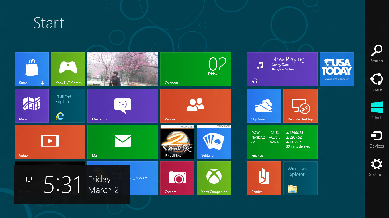 The Charms bar, along the right edge of the screen, is available both in desktop mode and from the Windows 8 Start screen.