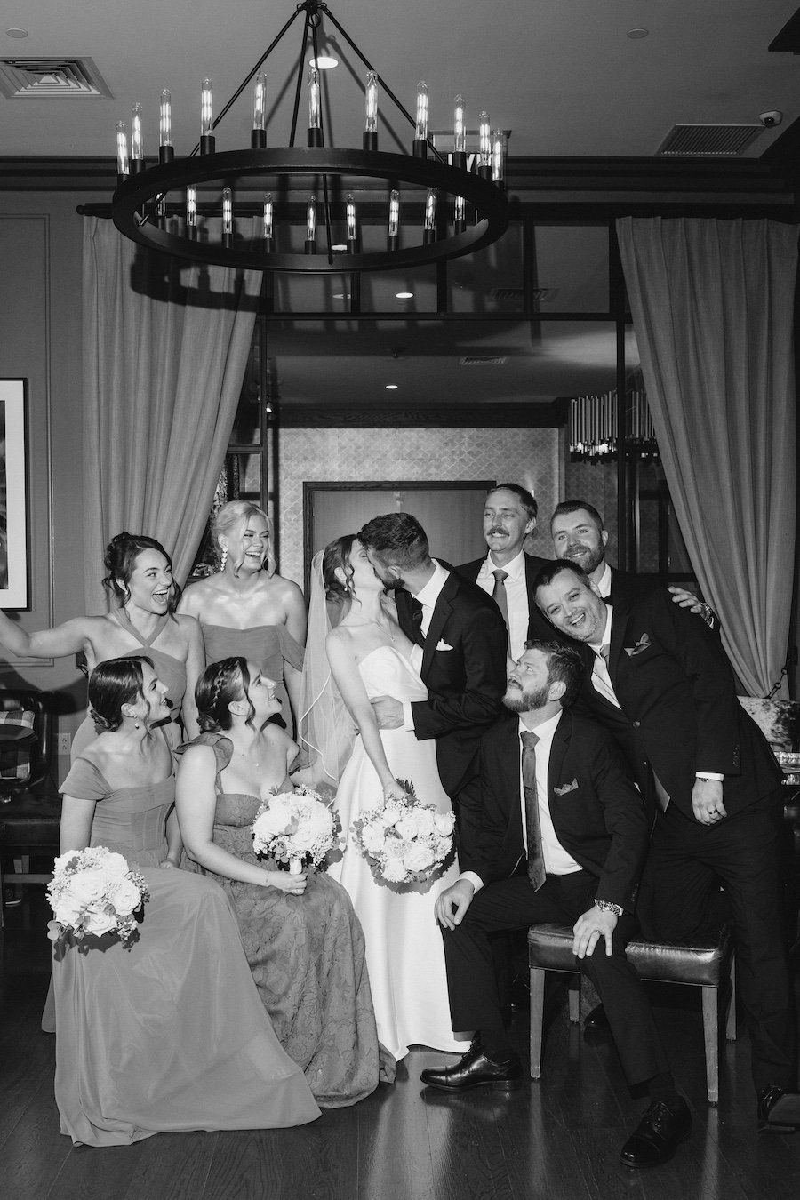 Fun vintage black and white bridal party portrait at Delamar West Hartford, Connecticut