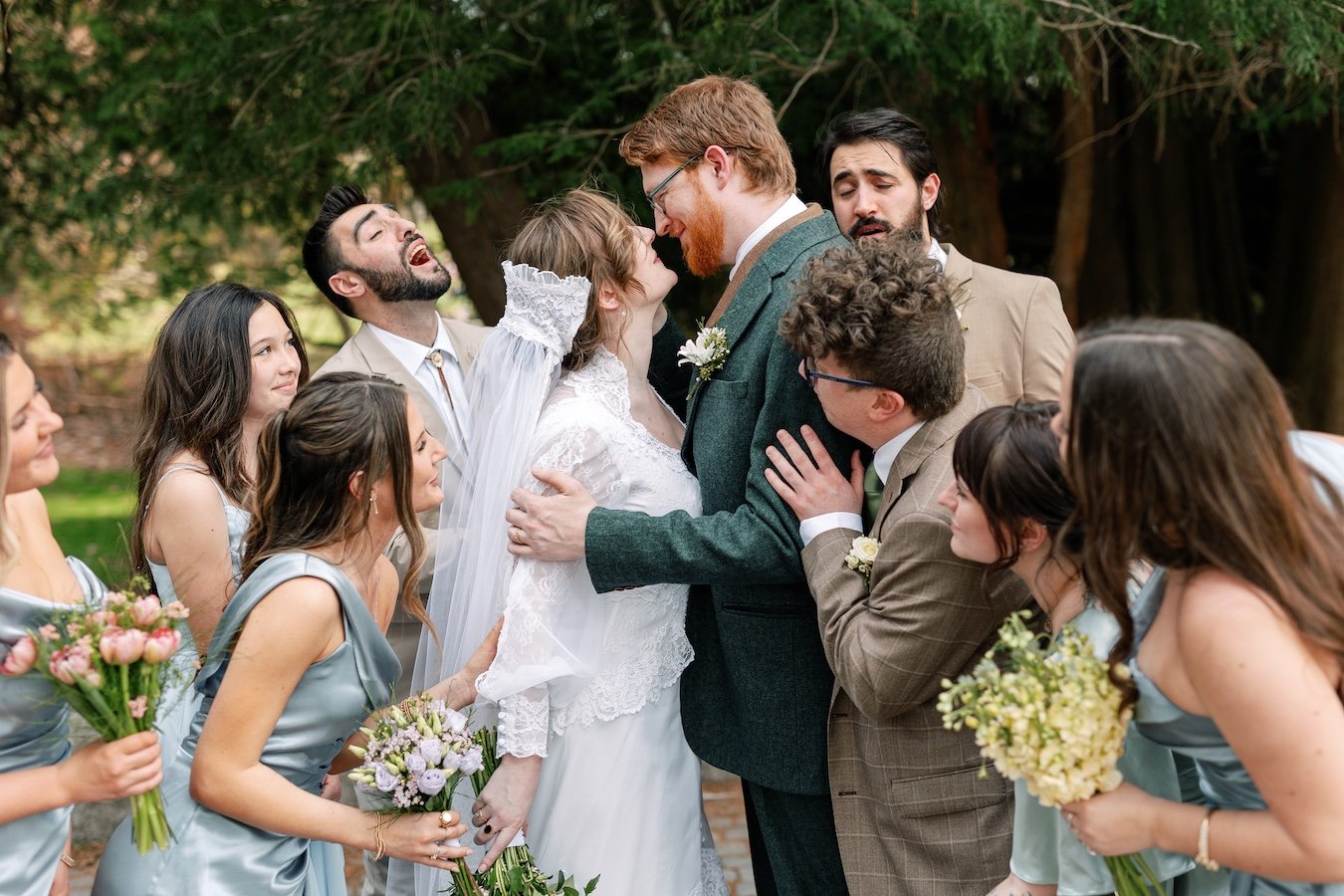 Bridal party candid moments at vintage wedding during Pond House Cafe celebration