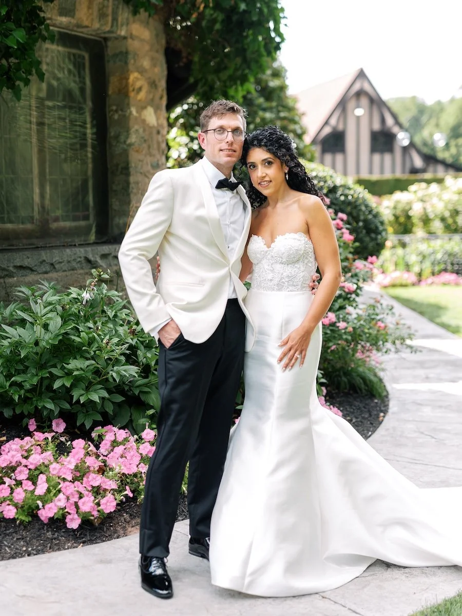 Elegant and classic garden wedding portraits at Saint Clements Castle in Connecticut