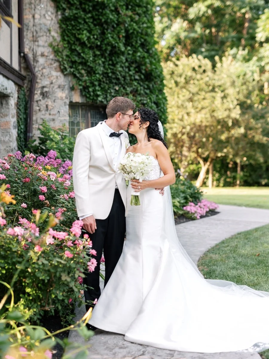 Elegant garden wedding portraits at Saint Clements Castle in Connecticut