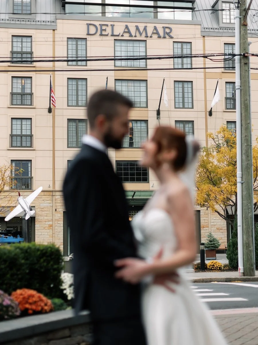 Bride and groom portraits at Delamar in West Hartford