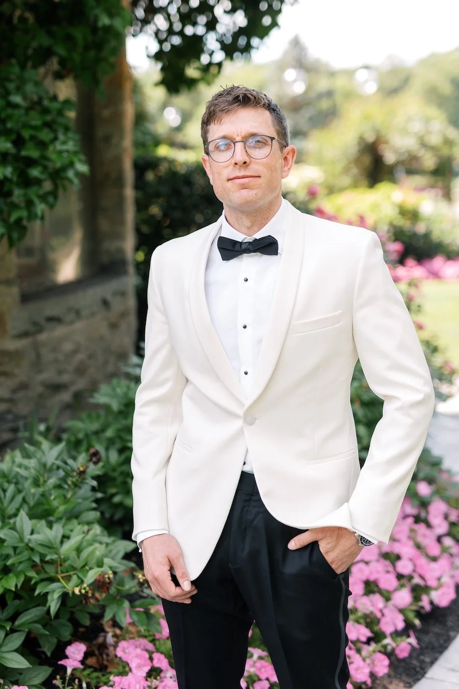 Groom Jared portrait at Saint Clements Castle wedding in West Portland, CT