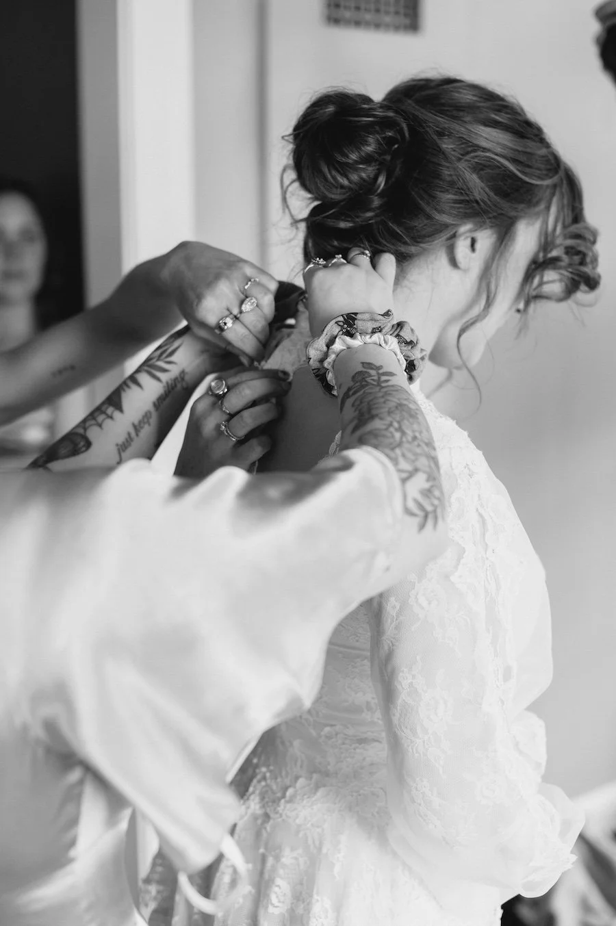 Karleigh getting her vintage wedding dress on for Pond House Cafe wedding ceremony