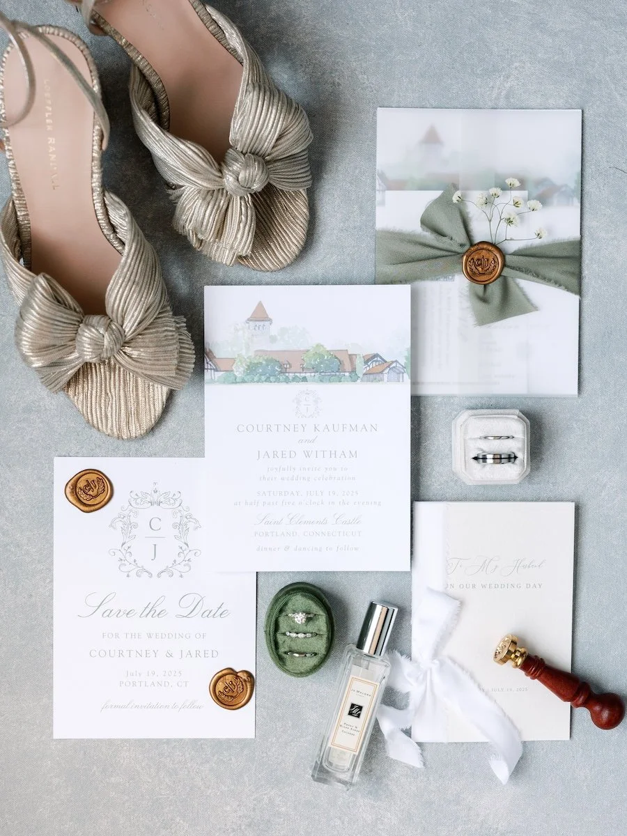 Elegant bridal preparation details at Saint Clements Castle wedding