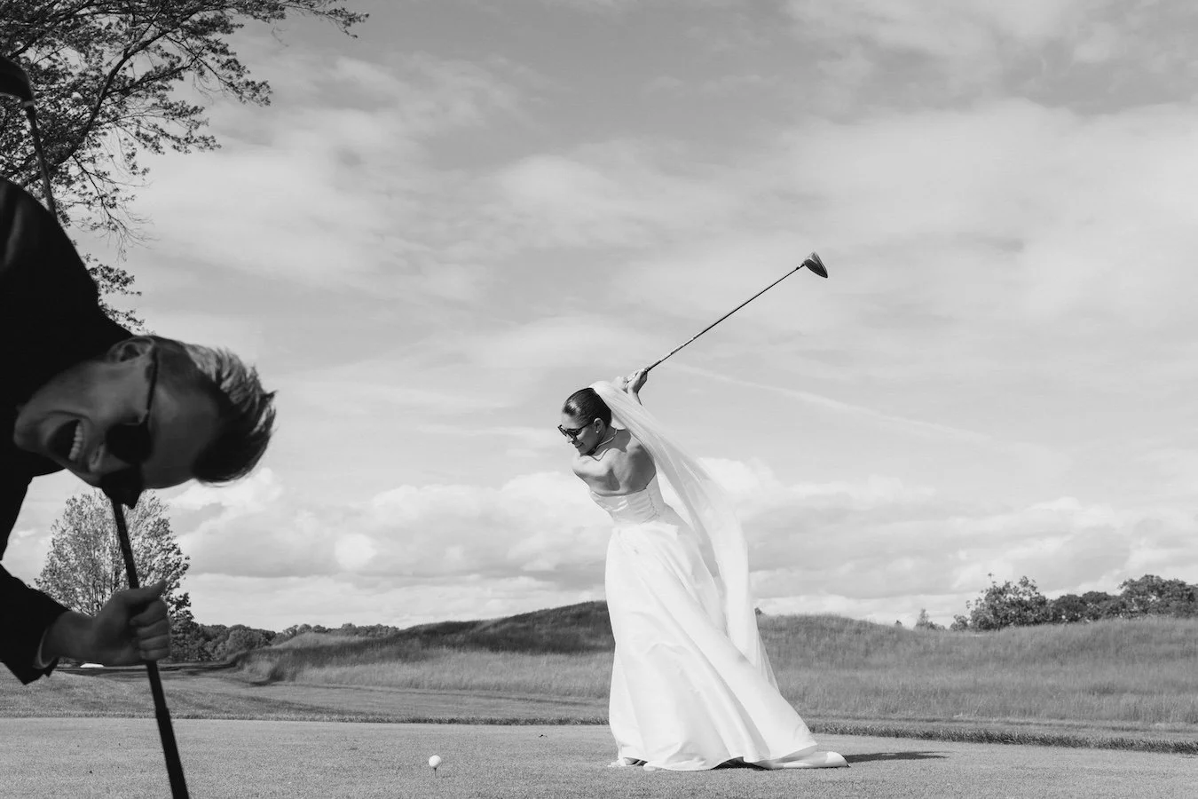 Bride and groom playing golf photos, TPC River Highlands wedding, Cromwell, CT