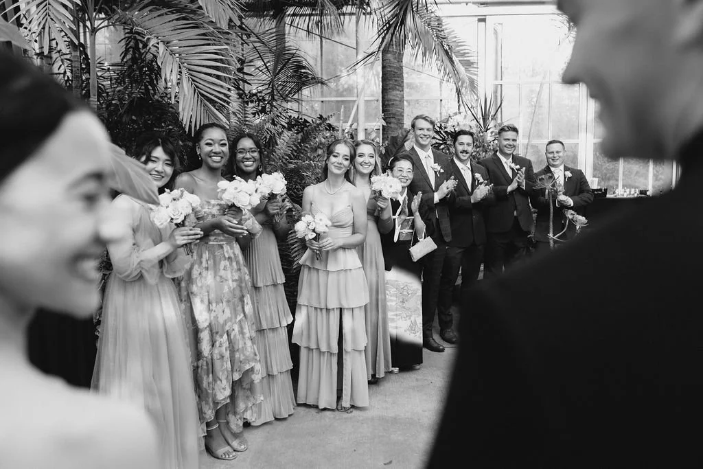 First Look with bridal party at Roger Williams Botanical center wedding