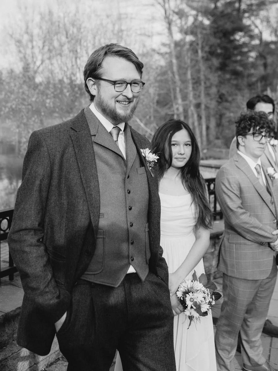 Jake the groom waiting for the bride at the aisle at Pond House Cafe wedding ceremony