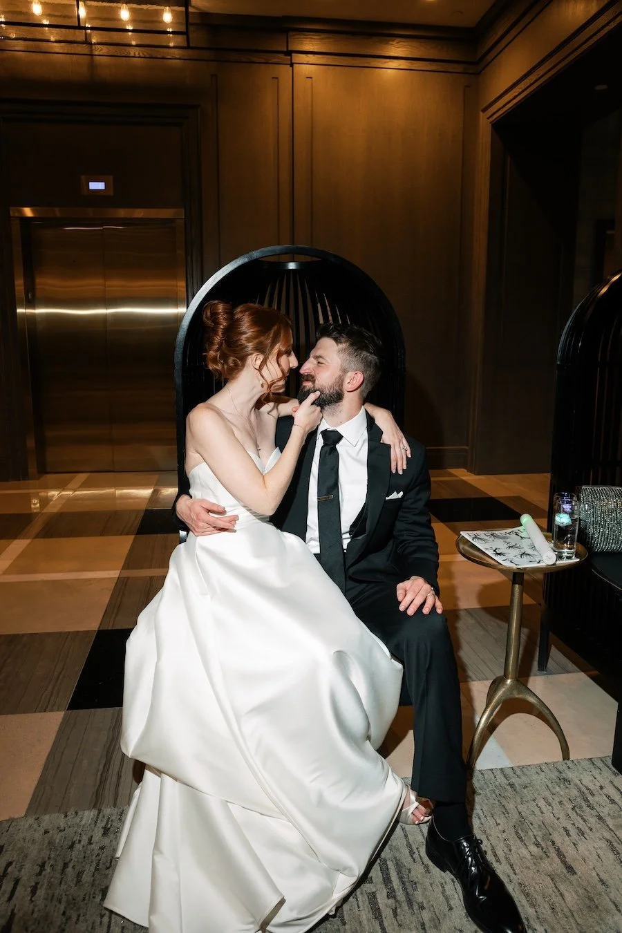 Glamour vintage hotel vibe style photos of bride and groom at Delamar West Hartford wedding, Connecticut