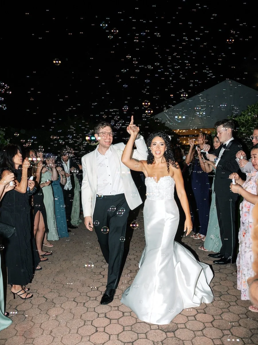 Epic bride and groom bubble exit from wedding reception at Saint Clements Castle in Portland, Connecticut