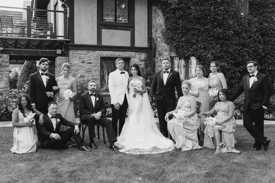 Classic and elegant Vogue vibe bridal party group photo at Saint Clements, Portland, CT