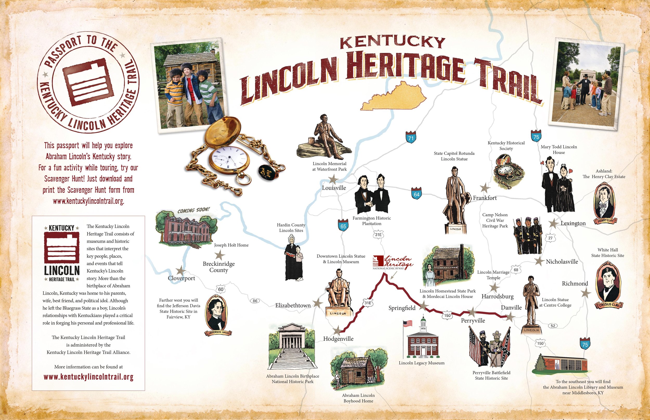 Lincoln Heritage Trail Map The Kentucky Lincoln Heritage Trail produces a family-friendly map welcoming visitors from across the world discover our rich history.