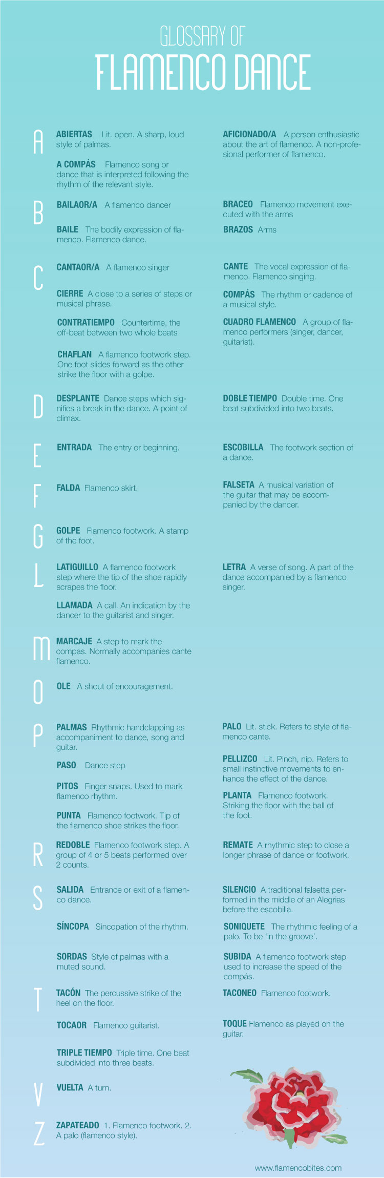 There are many words unique to flamenco dance that we take for granted after we have been studying for a while. In the beginning however it can be quite a lot to take in. The glossary below is just a handful of the words you'll come to learn. | www.flamencobites.com