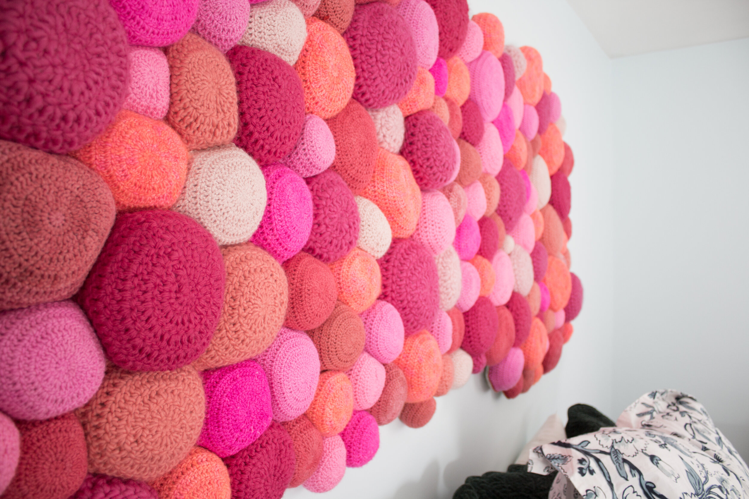 Detail of Pink Crocheted Sheepskin Headboard
