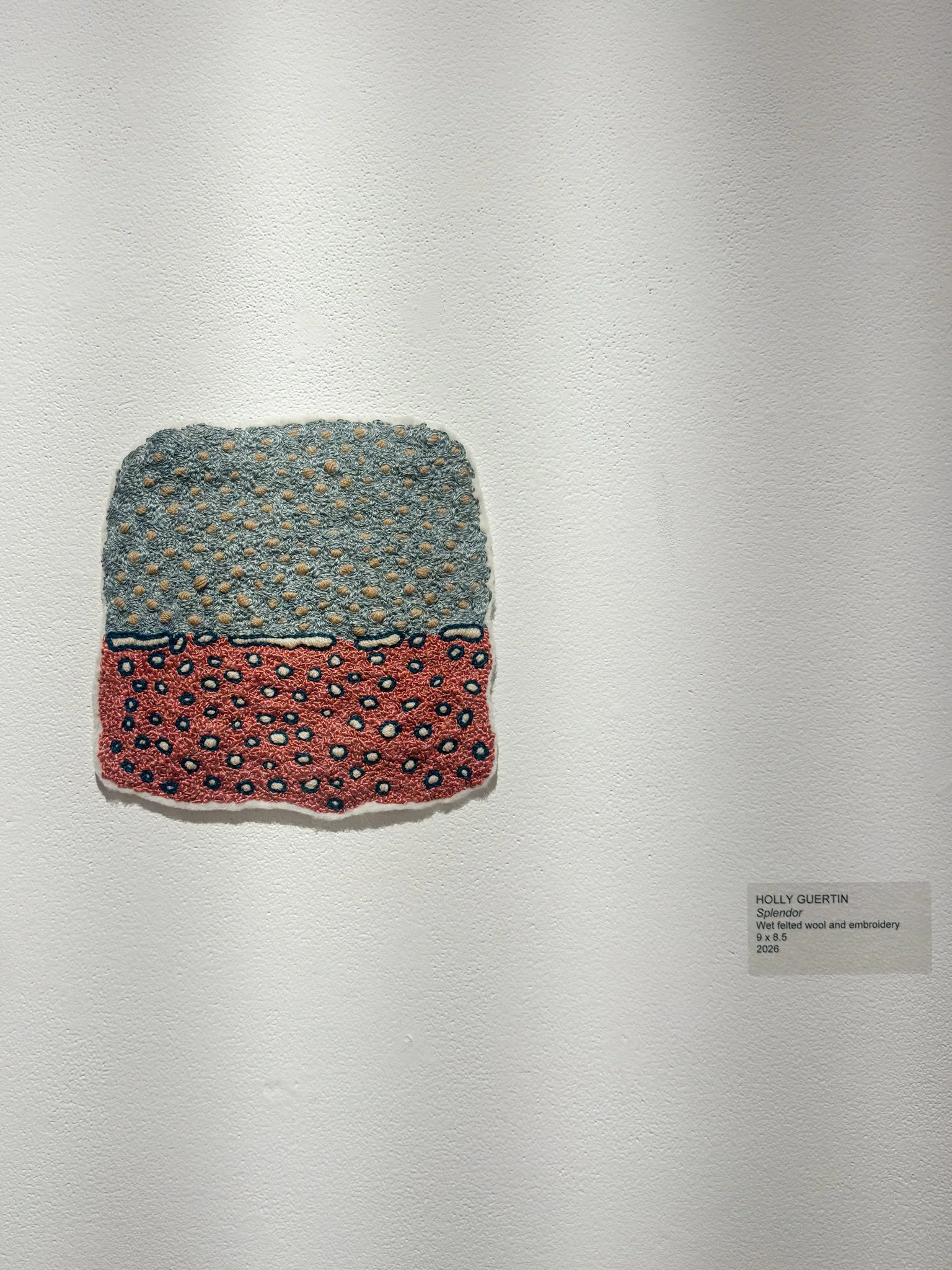 Splendor, 2026, wool felt with wool, silk, recycled polyester thread, and vintage thread, 8.5”h x 9”w x 0.25”d