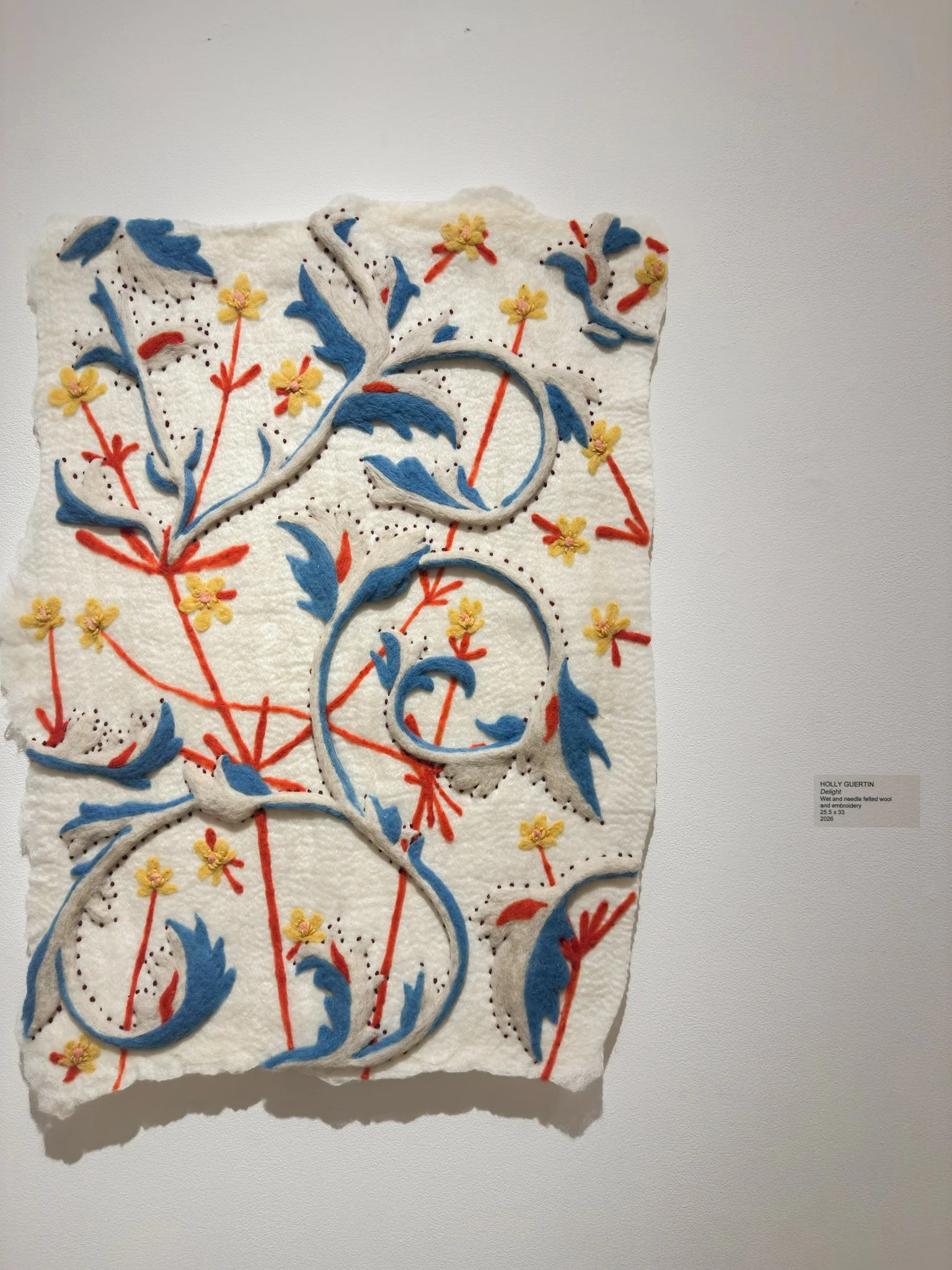 Delight, wool felt with wool embroidery, 33”h x 25.5”w x 1”d