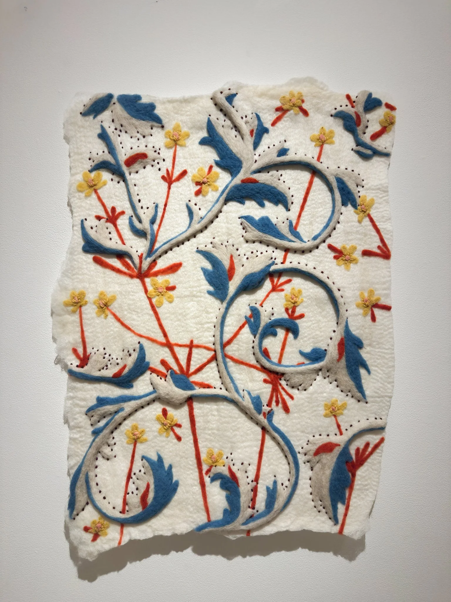 Delight, wool felt with wool embroidery, 33”h x 25.5”w x 1”d