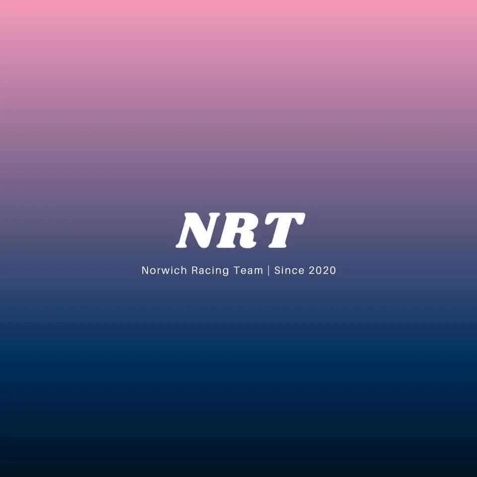 Gradient background with pink, purple, and dark blue colors, featuring text that reads "NRT Norwich Racing Team | Since 2020."