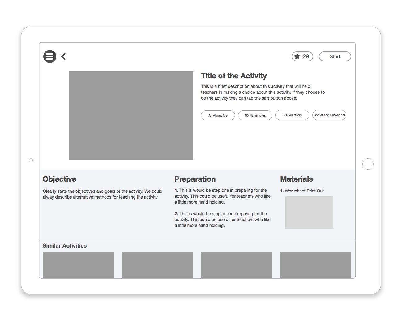 Activity detail wireframe