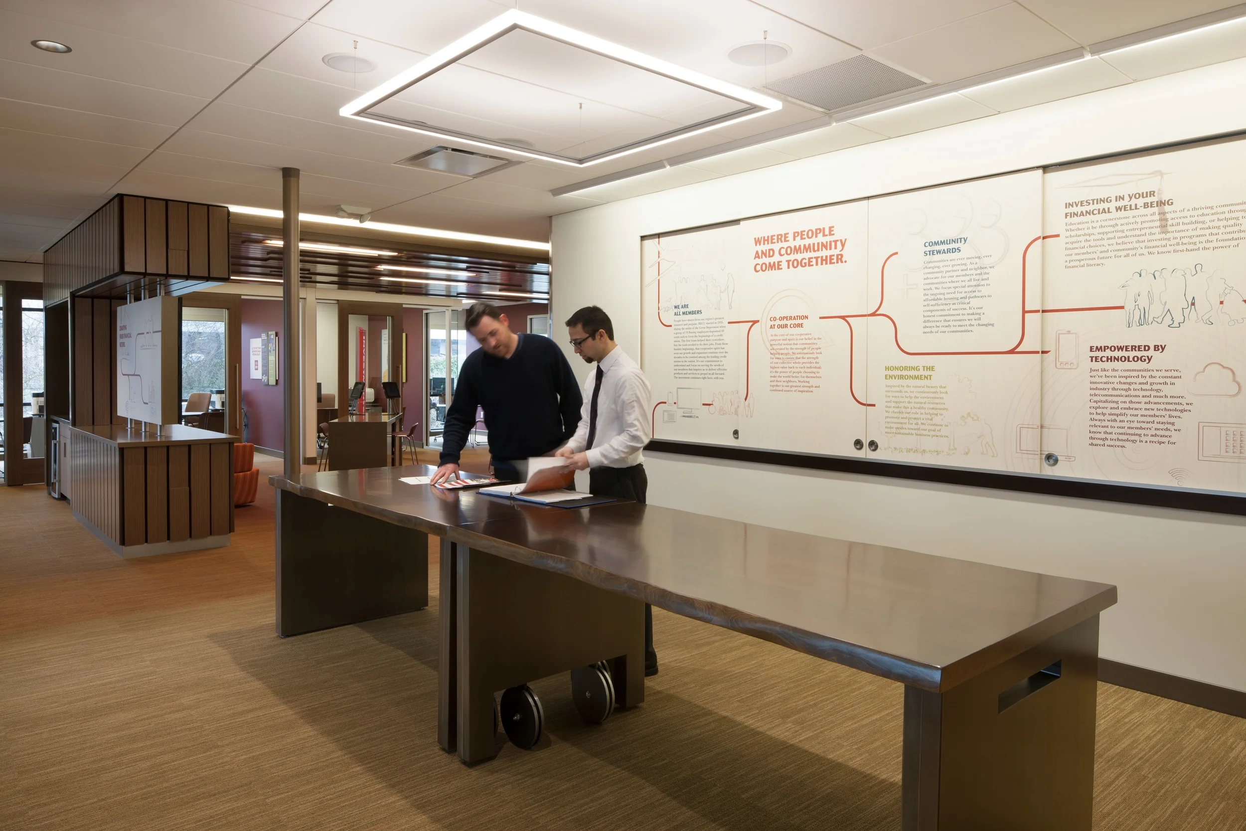  A standing Collaboration Space was designed for casual staff and client meetings that rolls away for seminars, events and community meetings from 10 to 45 people. The white board opens to an 80
