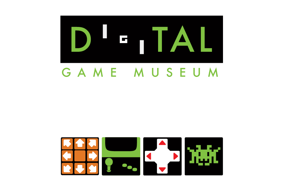 Digital Game Museum main logo playing off the first digital game, Pong. Below are exhibit logos. 1. Music Games 2. Rise of the Arcade 3. History of the Controller 4. The 8 bit Explosion