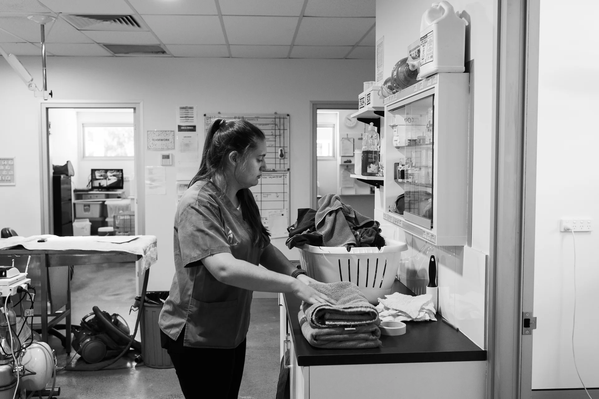 Trainee Nurse Claire Goodlock tackles the endless laundry of a veterinary practice. 9 March, 2018.