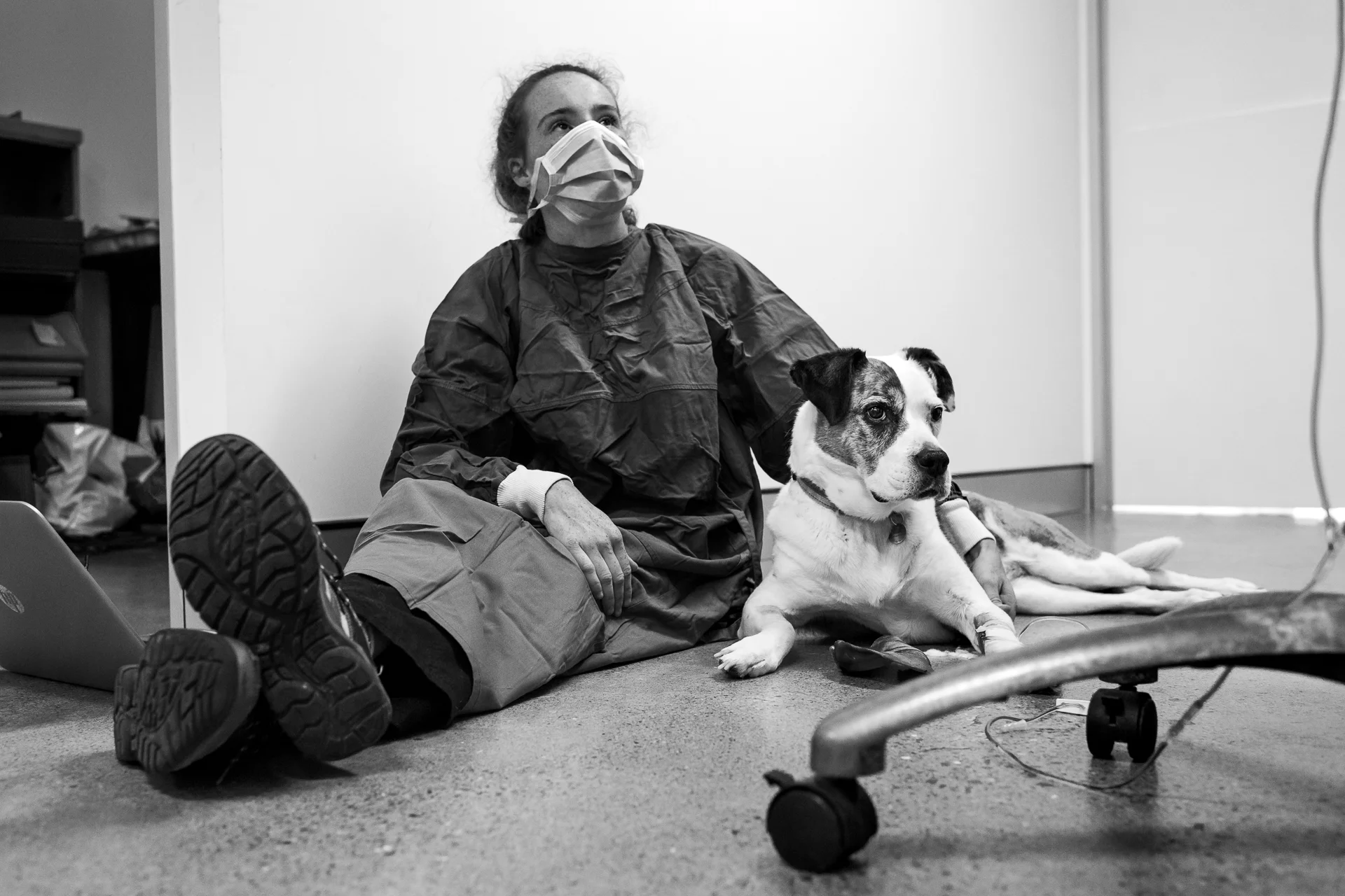 Nurse Chelsea Rose sits with Tiah who undergoes single-agent chemotherapy (Doxorubicin) to treat aggressive lymphoma. Tiah's owner, Tristyn eschewed an oncology specialist recommendation by her vet, Dr Fiona Starr; she preferred to use Brudine because she trusted the staff. 23 December, 2018.