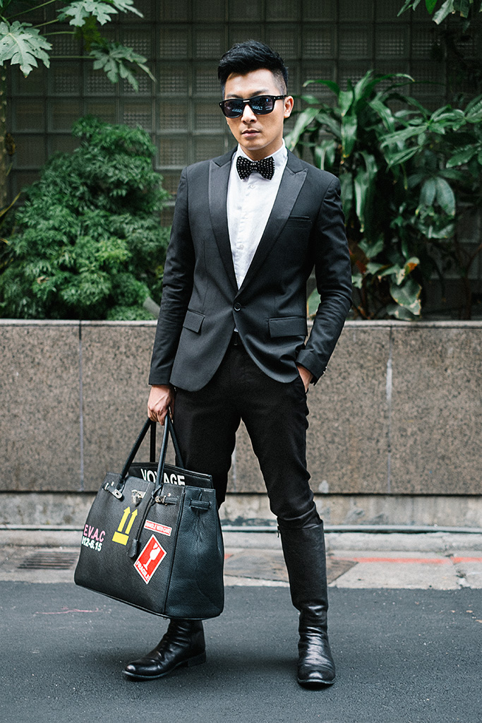  Daan District, TAIPEI. Kevin Chen, Stylist &amp; Makeup Artist. Dandy suit and boots, night market bowtie, vintage bag, Prada sunglasses 