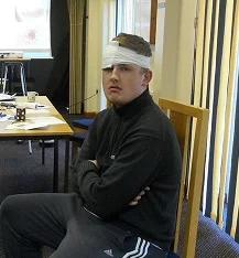 Dan' bleeding is under control, thanks to Michael's great first aid skills. (Bridlington, 2013)