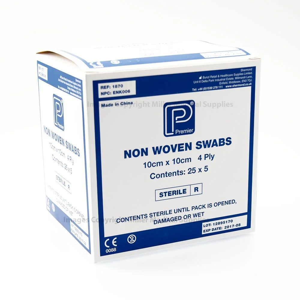 Swabs: Non-Woven Sterile Swab, 4 Ply, 10cm X 10cm, 5 per pouch - Pack of 25 pouches (£7.25 + VAT)