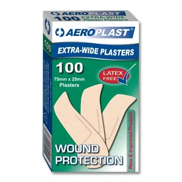Aeroplast Plastic Plasters (Latex Free), Extra wide 75mm x 25mm - 100 per box (£4.50 + VAT)