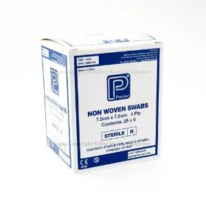 Swabs: Non-Woven Sterile Swabs, 4 Ply, 7.5cm X 7.5cm, 5 per pouch - Pack of 25 pouches (£5.99 + VAT)
